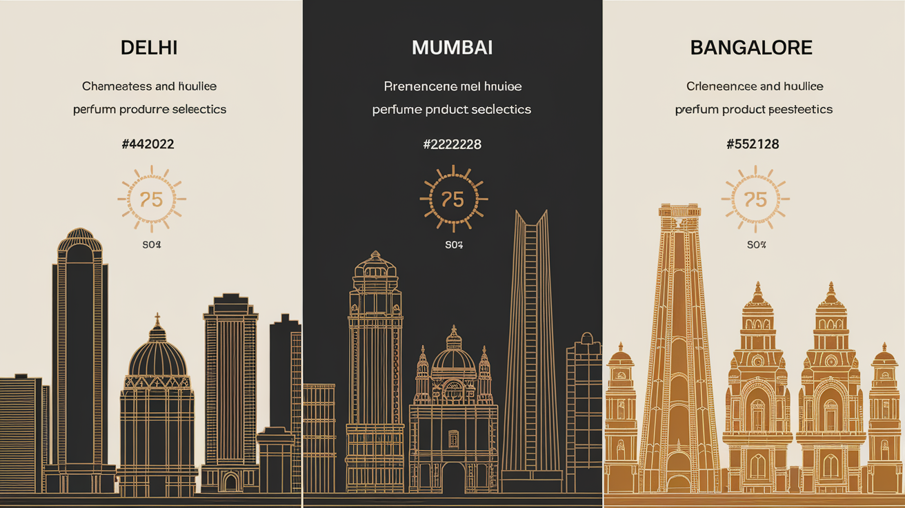 Comparison of Delhi, Mumbai, and Bangalore skylines representing different climate conditions for perfume performance