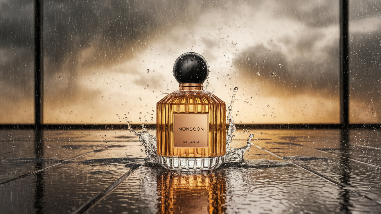 Mumbai monsoon rain with perfume bottles, representing fragrance performance in extreme humidity